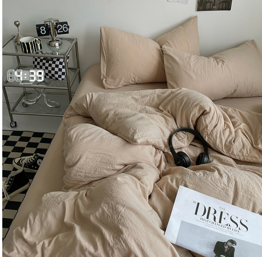 NEBULA STORE™  -Solid Color Washed Cotton Bed Four-piece Set Japanese Super Soft Bed Sheet Quilt Cover